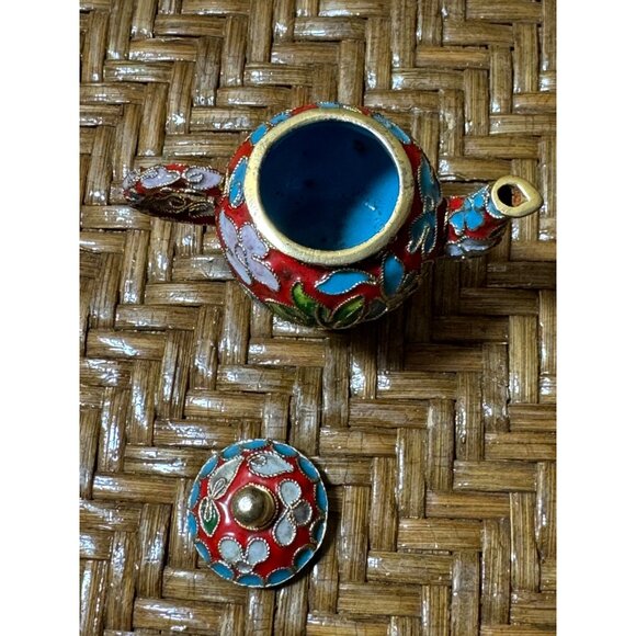 Miniature Cloisonné Enamel Teapot With Stand  Floral Design  Blue Interi… - Picture 3 of 11